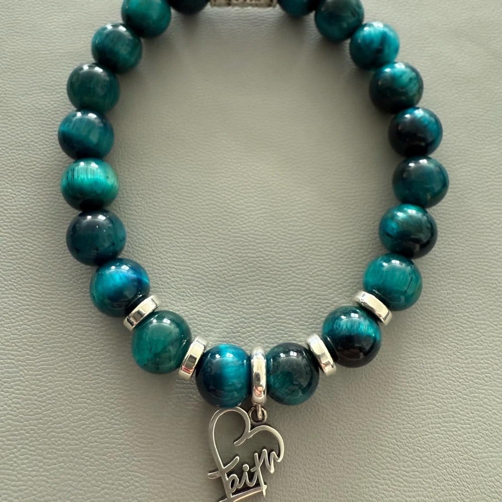 Teal Tigers Eye Gemstone Bracelet Faith Charm